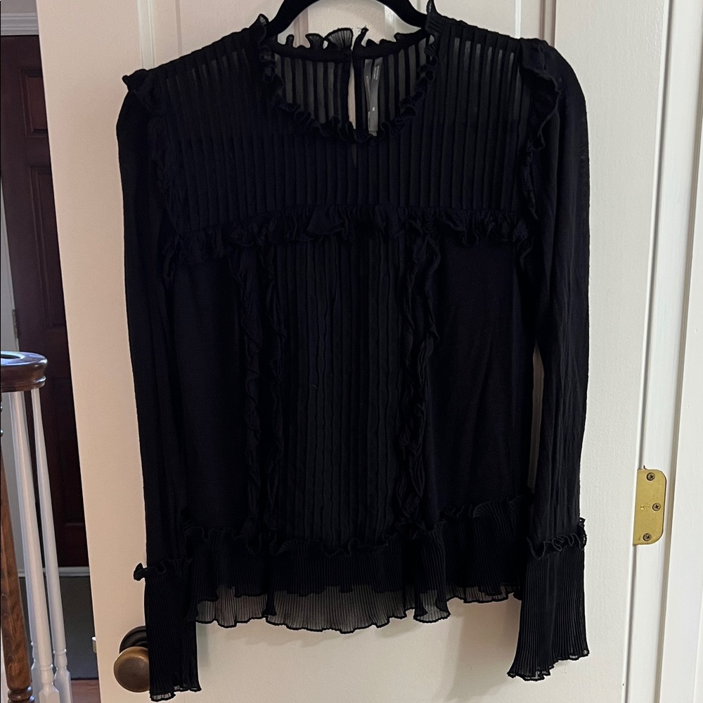 ANTHROPOLOGIE Black Ruffled Long Sleeve Blouse Sheer Bottom Layer Dressy Lace